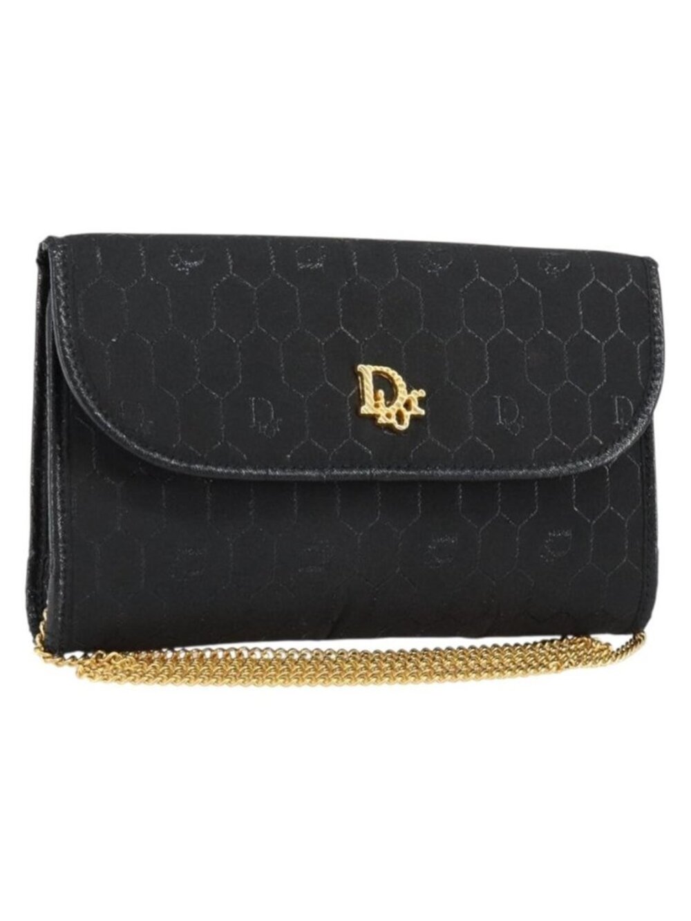 Authentic Christian Dior Honeycomb Canvas Chain Shoulder Bag Black Gold